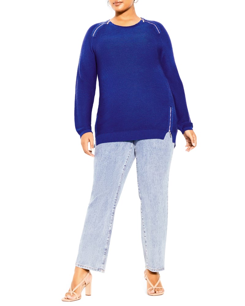 Front of a model wearing a size XXS Addie Zip Tunic in Cobalt by City Chic. | dia_product_style_image_id:234386